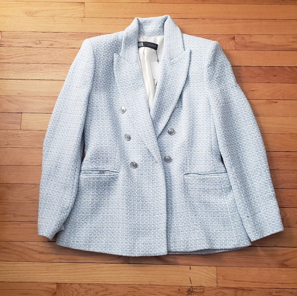 Zara large tweed blue white blazer nwt